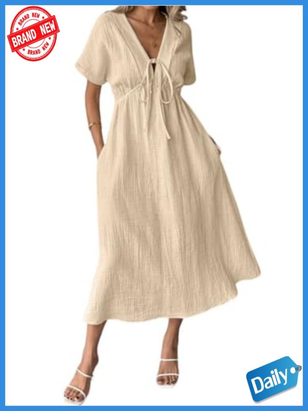 Women's Cotton Midi Tunic Dress with Pockets Short Sleeve V-Neck Boho Casual